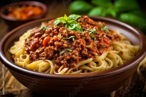 Pasta with ground beef and tomato topping. Generative AI