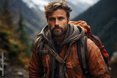 Male model in rugged outdoor gear against a mountainous backdrop.