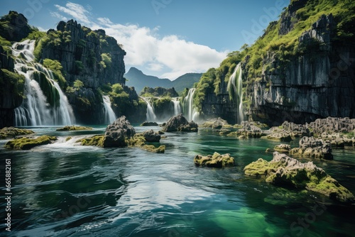 Majestic waterfalls cascading into a pristine lagoon.
