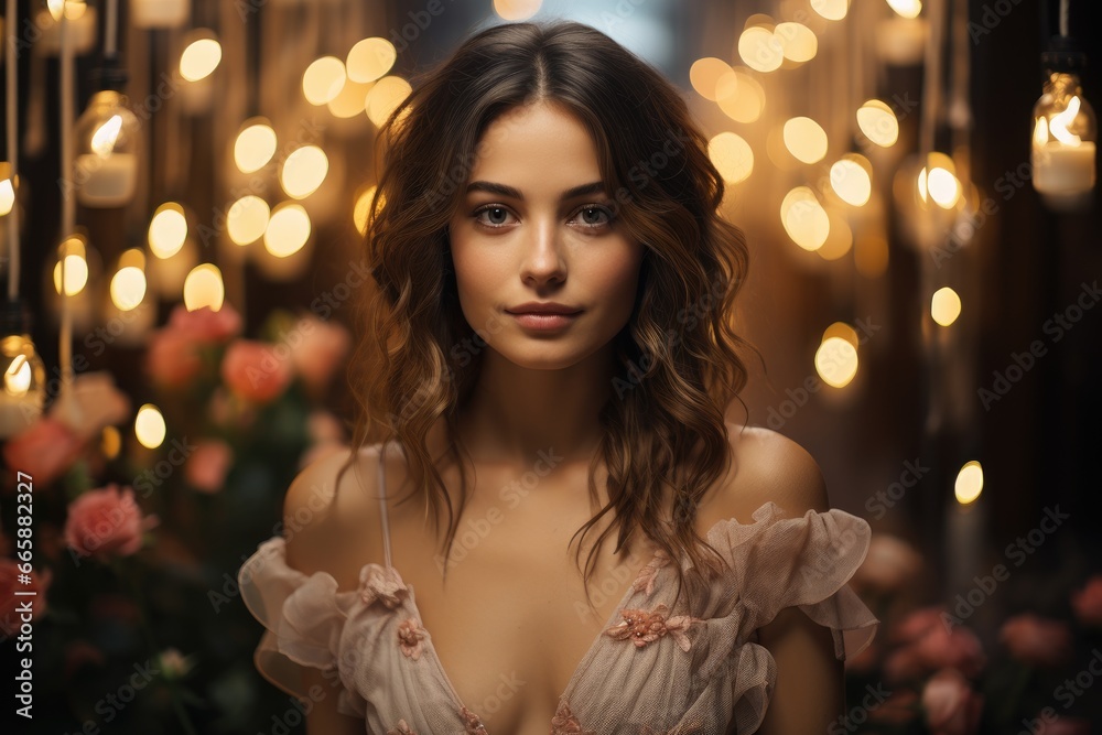 Model showcasing bridal wear in a dreamy setting with soft flowers and lights. Model showcasing bridal wear in a dreamy setting with soft flowers and lights.