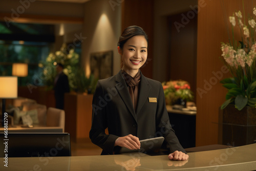 ホテルのフロントで接客をする女性従業員 photo