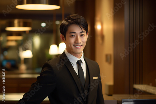 ホテルのフロントで接客をする男性従業員 photo