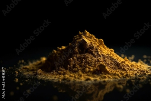 close view of golden plant powder on a dark surface. Generative AI