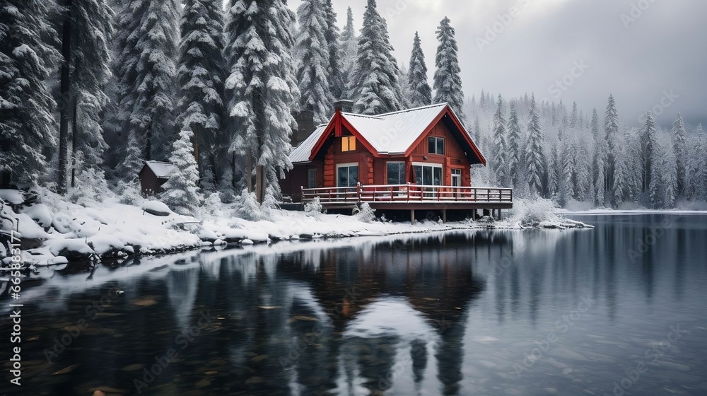 A cozy, snow-covered cabin by a frozen lake

