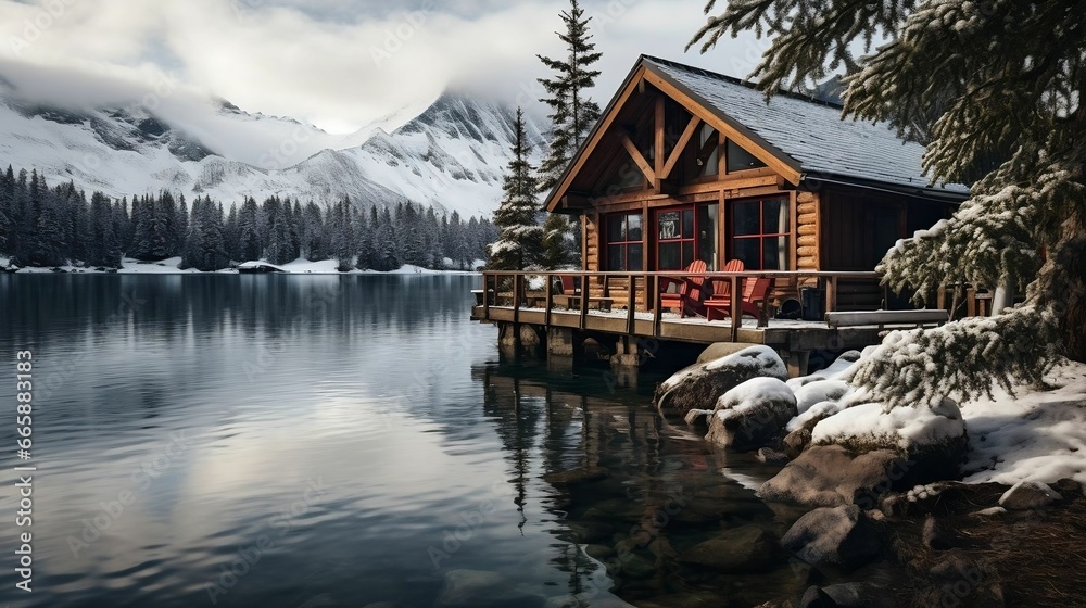 Fototapeta premium A cozy, snow-covered cabin by a frozen lake