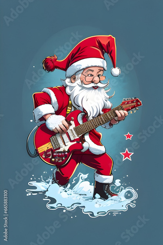 Santa Claus playing electric guitar. Vector illustration in cartoon comic style.