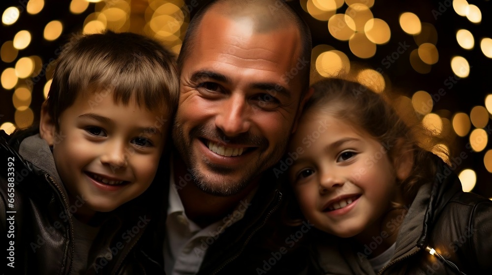 A father and kids photo with twinkling holiday lights as backdrop
A father and kids photo with twinkling holiday lights as backdrop