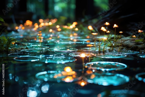 Neon raindrops creating ripples on a pond.