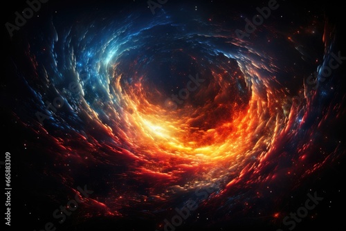 Neon stardust swirling around a cosmic black hole.