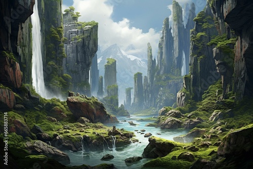 An ancient environment characterized by a diverse ecosystem and breathtaking landforms. Generative AI