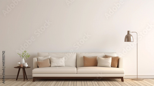 Minimalist interior design. Sofa  plants on a plain wall background with copyspace