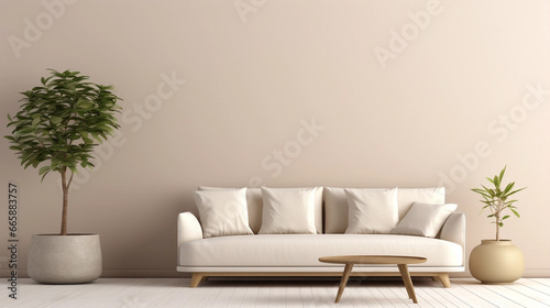 Minimalist interior design. Sofa, plants on a plain beige wall background with copyspace. 