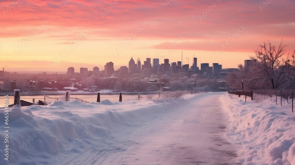 A soft, colorful sunset over a snow-covered cityscape