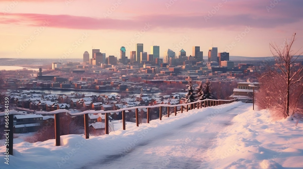 Obraz premium A soft, colorful sunset over a snow-covered cityscape