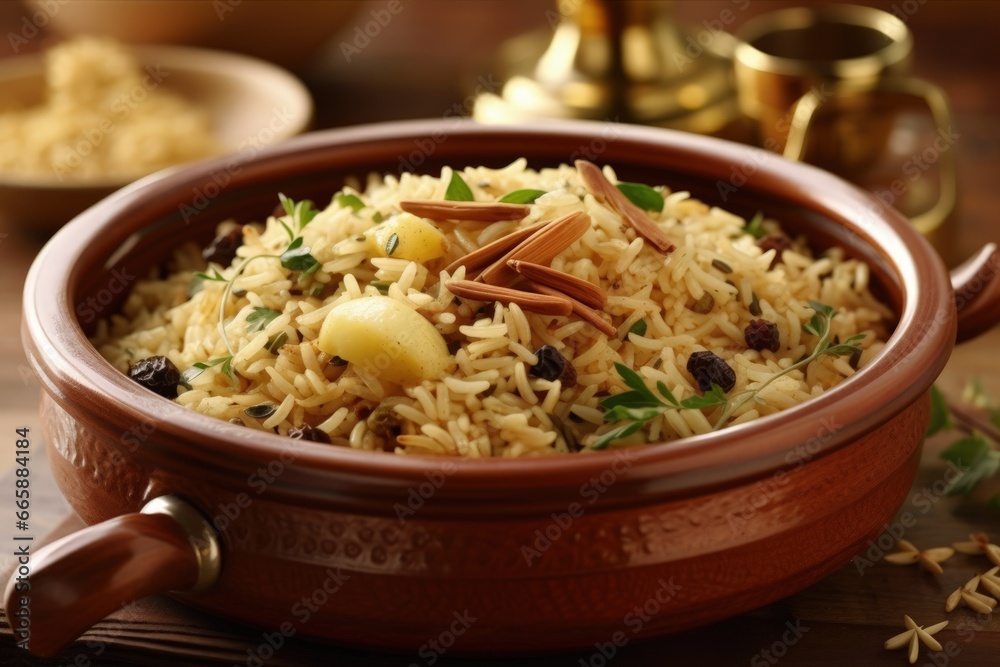 Aromatic Rice Pilaf with Peanuts and Raisins in Bowl Aromatic Rice Pilaf with Peanuts and Raisins in Bowl