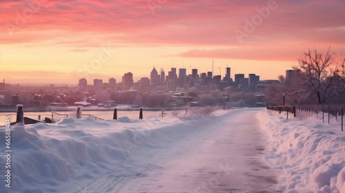 A soft, colorful sunset over a snow-covered cityscape