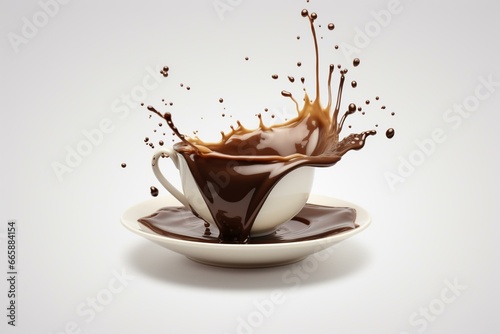 Cup with chocolate splash, bouncing on saucer. White background. Generative AI