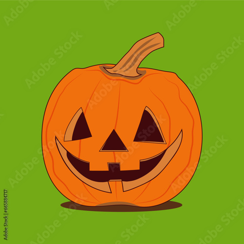 Ilustración de Calabaza de Halloween naranja con fondo verde vectorizada 