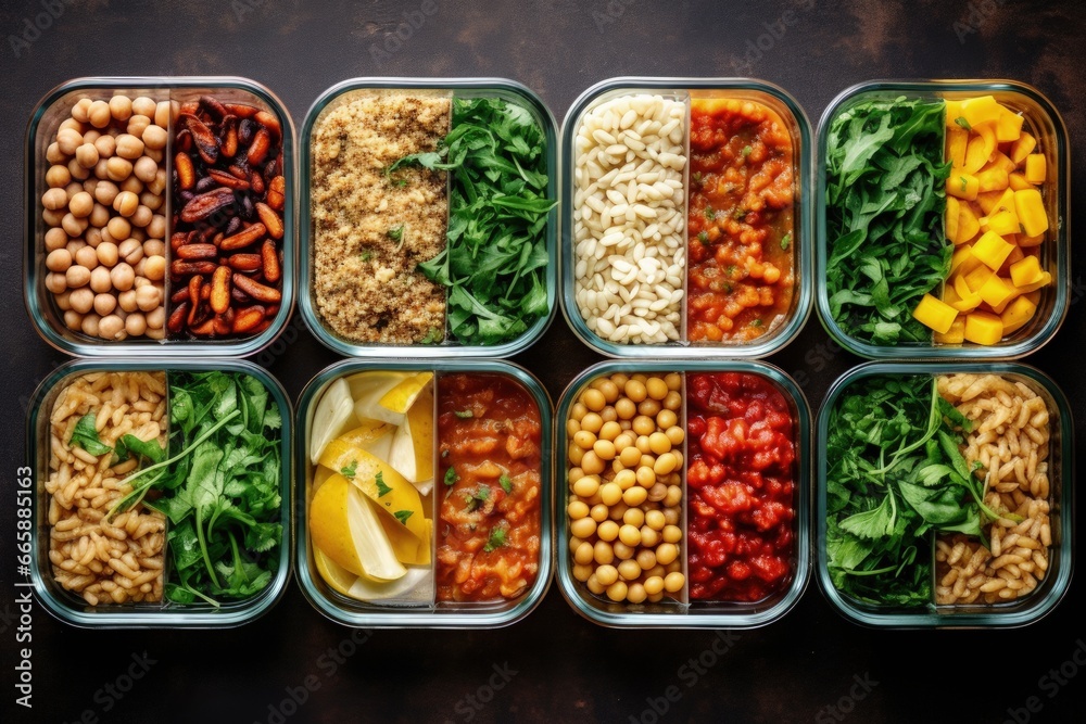 Organized Meal Prep Containers with Budget-Friendly and Nutrient-Packed Meals, Top View Organized Meal Prep Containers with Budget-Friendly and Nutrient-Packed Meals, Top View