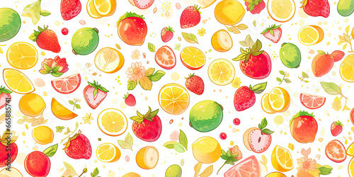 Anime fruits background multiple fruit backdrop banner healthy eating, generated ai