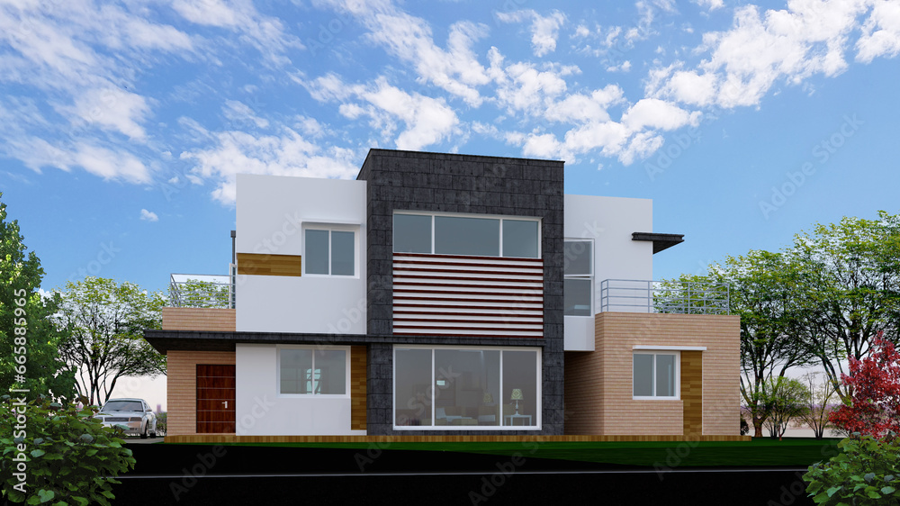 modern building with sky, 3d rendering of a luxury single house in the city