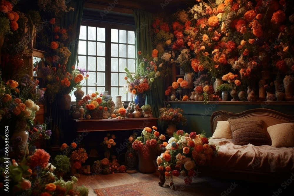 A cozy room adorned with beautiful flowers. Generative AI
