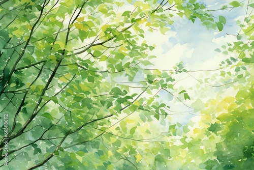 Design with sunlight filtering through trees  watercolor illustration of fresh green branches. Generative AI