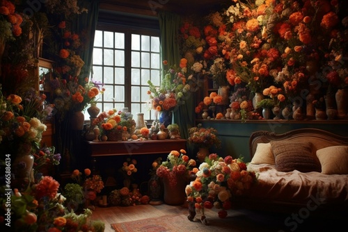 A cozy room adorned with beautiful flowers. Generative AI