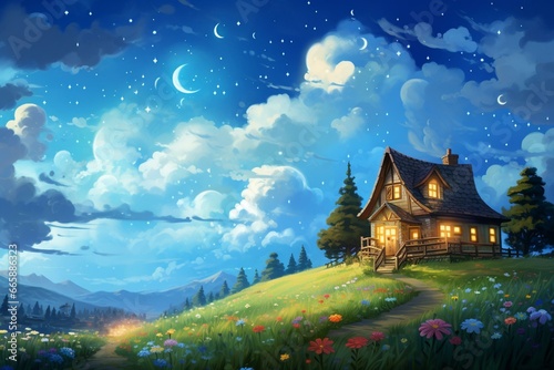 A scenic view of the sky, clouds, stars, and flowers in front of a cozy house atop a grassy hill. Generative AI