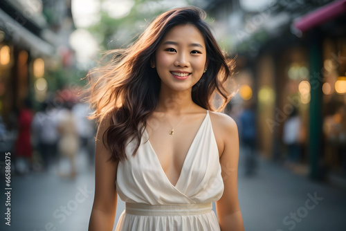 Happy young Asian woman with white dress