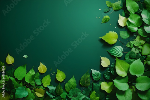Collection of leaves in green color  and green color background with middle space