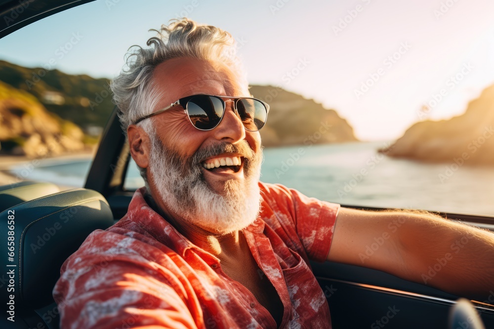 An exuberant, bearded senior man relishing a summer road trip in Italy, embarking on a luxurious cabrio adventure, living a life of wealth and freedom. - obrazy, fototapety, plakaty 