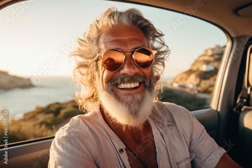 An exuberant, bearded senior man relishing a summer road trip in Italy, embarking on a luxurious cabrio adventure, living a life of wealth and freedom.