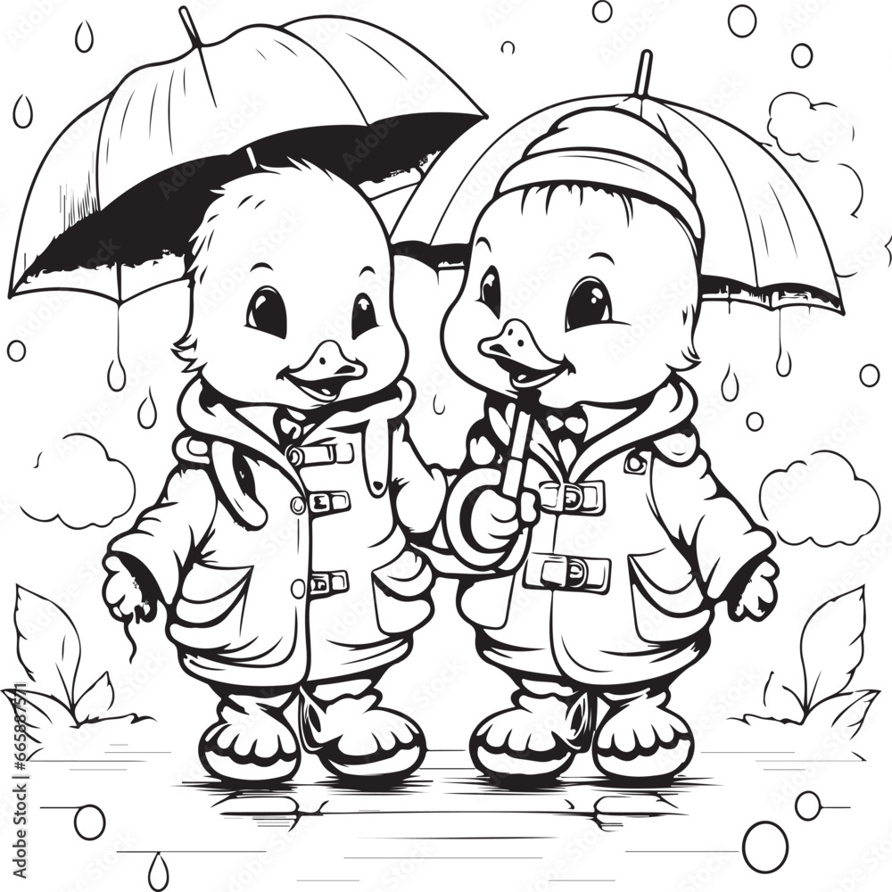 two ducks wearing raincoats and rain boots coloring page