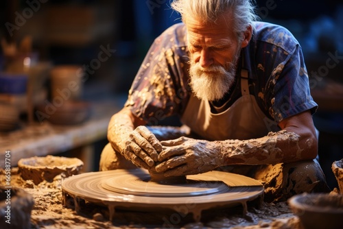 Potter shaping clay on wheel, artistic studio, wet hands molding.