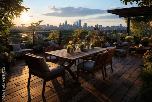 Rooftop garden terrace with panoramic city views.