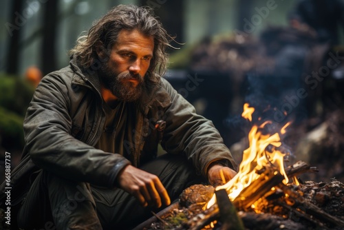 Rugged outdoorsman kindling campfire in dense forest, wilderness survival. photo