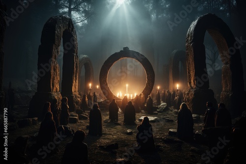 Stone circle in a moonlit clearing with druids performing rituals.