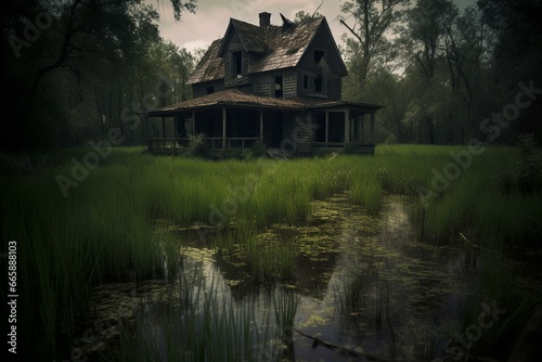 Dark depiction of a creepy deserted house amidst a lush swamp. Generative AI