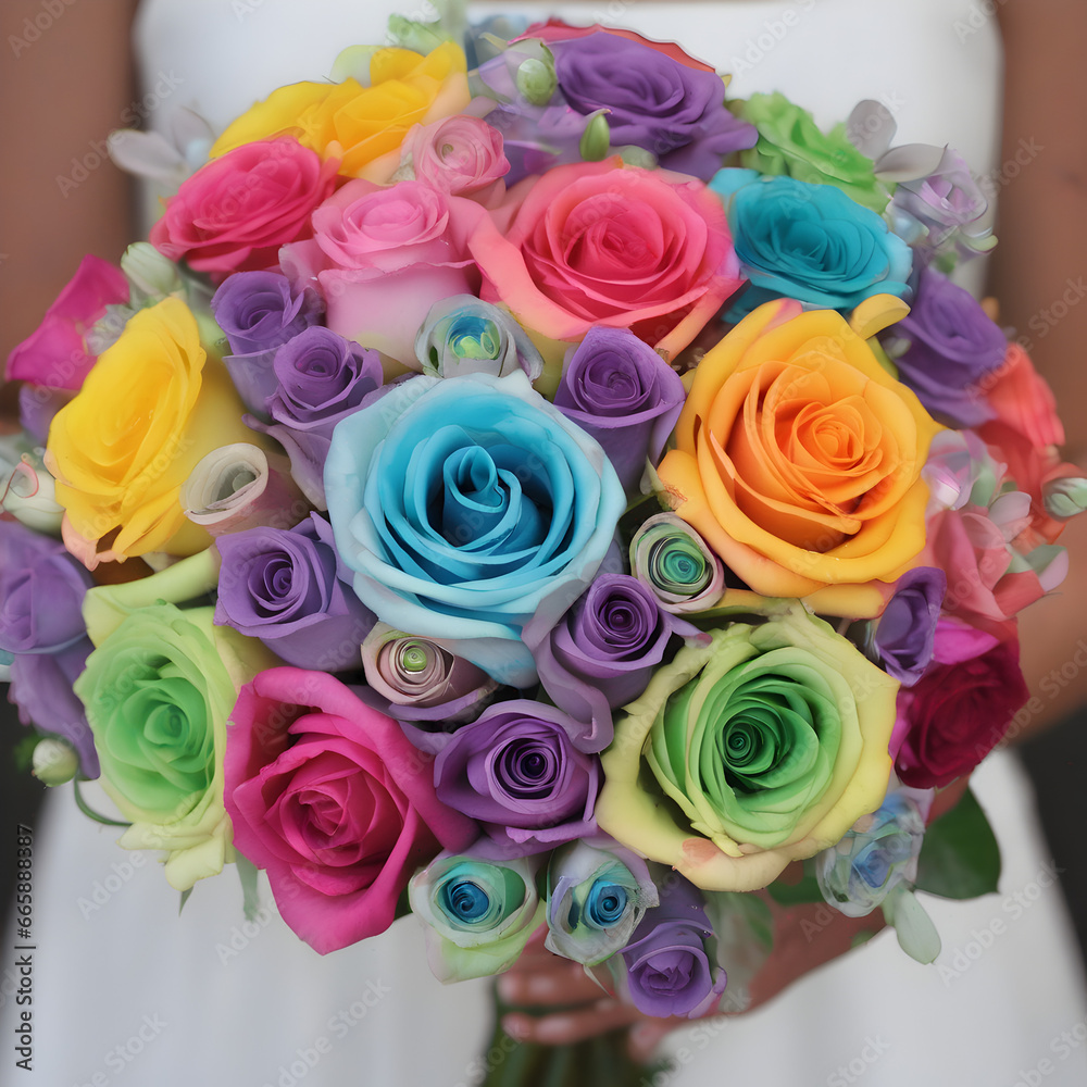 A whimsical  bouquet with  rainbow-colored roses