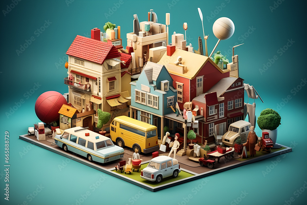 3D isometric illustration of a multi-colored cartoon city with inhabitants, generative ai