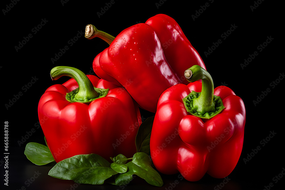 Set of fresh whole red bell pepper on black background, generative ai Set of fresh whole red bell pepper on black background, generative ai