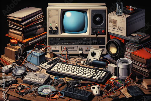 3D illustration of a table with retro equipment: microphone, TV, gramophone, audio cassette, alarm clock, book, ink pen, typewriter, generative ai