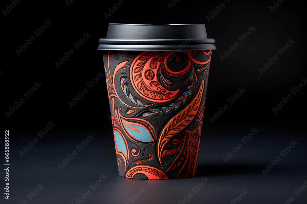 Takeaway black paper coffee cup with sleeve  on black background, generative ai