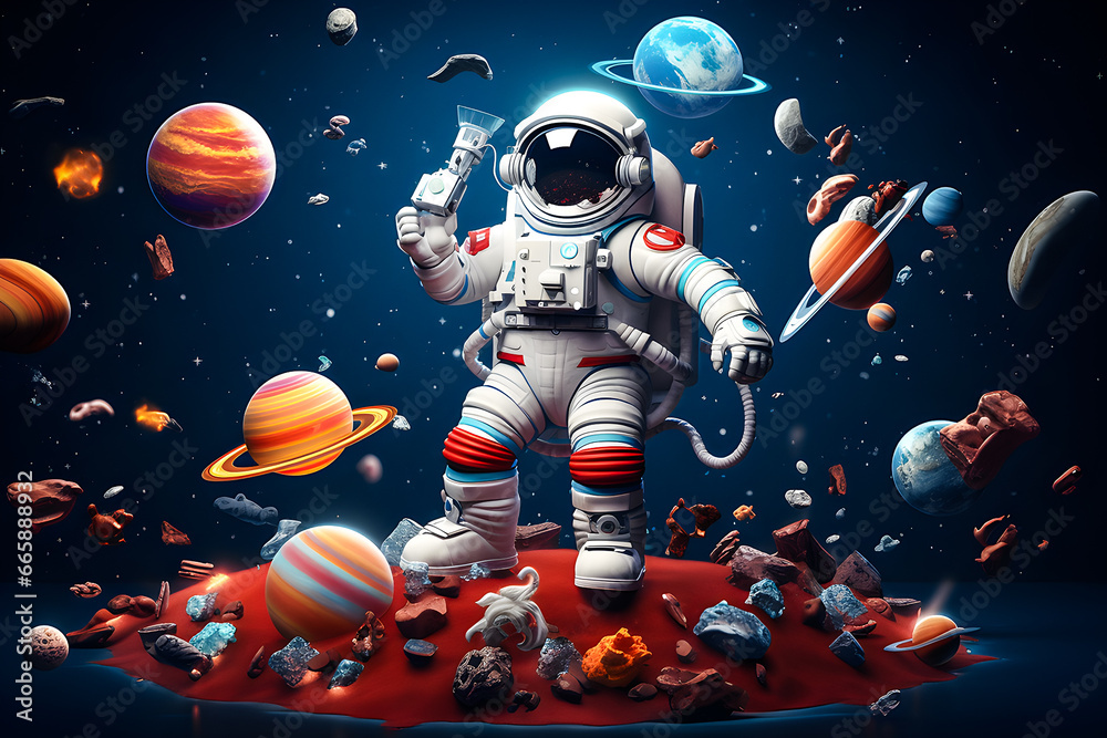 Fototapeta premium 3d illustration space set: astronaut, planet, satellite, rocket, ufo, comet cartoon objects, generative ai