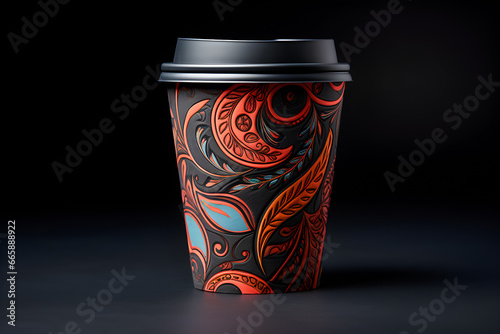 Takeaway black paper coffee cup with sleeve  on black background, generative ai