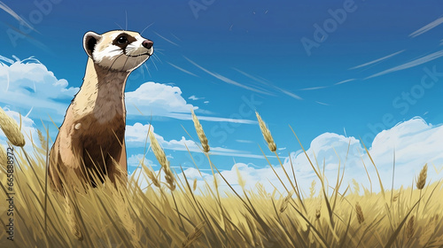 Vibrant Digital Illustration of a Black-footed Ferret in a Grassy Field - Perfect for Wildlife Enthusiasts, Nature Blogs, and Environmental Education Materials