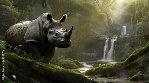 Endangered Javan Rhinoceros in Ethereal Jungle Setting: Perfect for Environmental Conservation and Wildlife Education Concepts © Jose