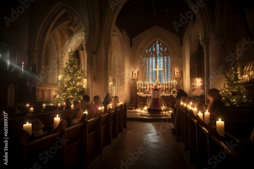 A festive Christmas service taking place in a beautifully illuminated church. Generative AI