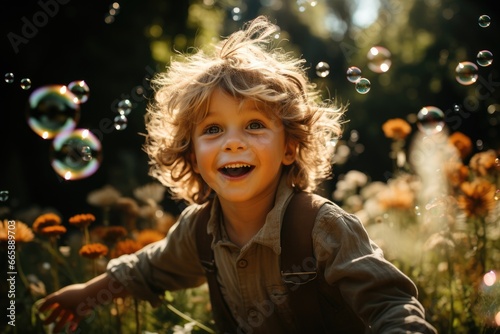 Young child chasing soap bubbles in a sunlit park.